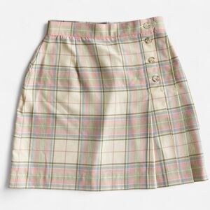 Vintage Lizsport Tan Cream Pastel Plaid Button Mini Skirt